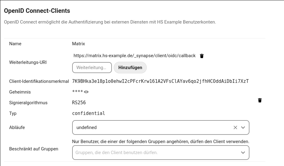 Anzeige OpenID-Connect Client
