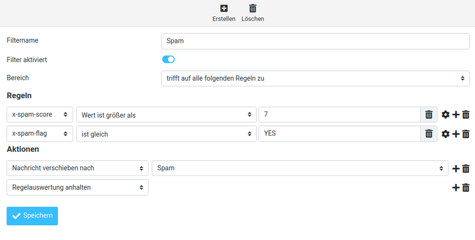 Screenshot Filterregel zum Spam Aussortieren